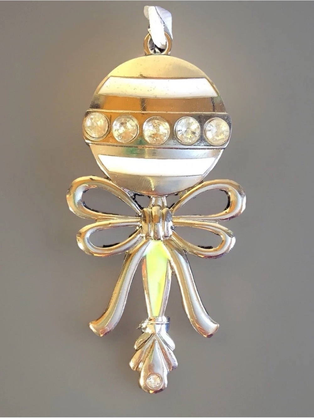 Enamel Rattle Ornament Silver Tone Green White Enamel Rhinestones
